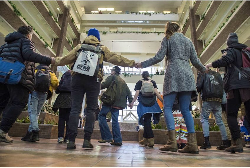 About 100 people rallied and danced at Canada Place in support of the Wet'suwet'en Blockade in B.C. and they targeted teachers on attending Teachers Convention and telling them to divest away from the coastal gaslink pipeline on February 7, 2020.  Photo by Shaughn Butts / Postmedia