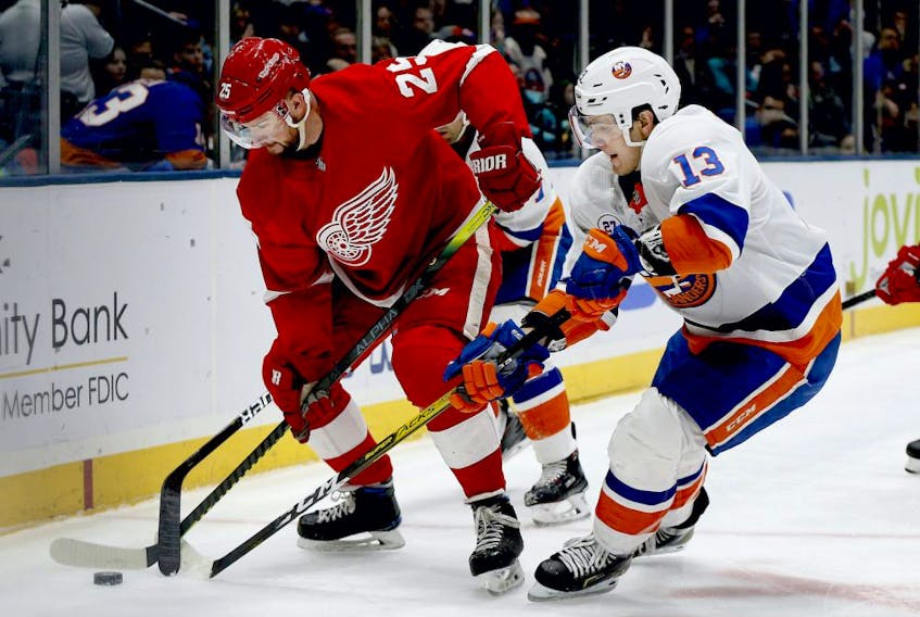 Detroit Red Wings defenceman Mike Green (25) and New York Islanders center Mathew Barzal (13) battle for a loose puck during the second period at Nassau Veterans Memorial Coliseum. 
