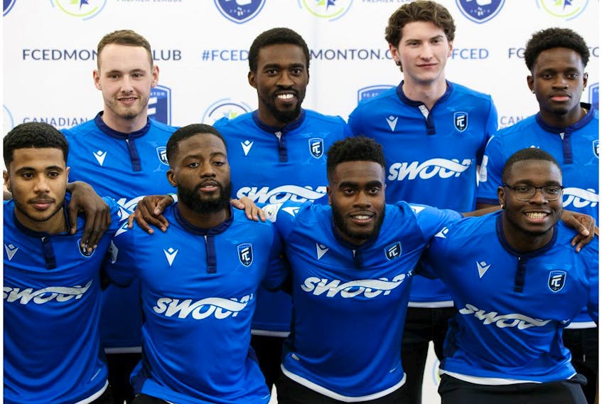 Players introduce FC Edmonton's new home jersey during a team event at West Edmonton Mall on Feb. 27, 2020. 
