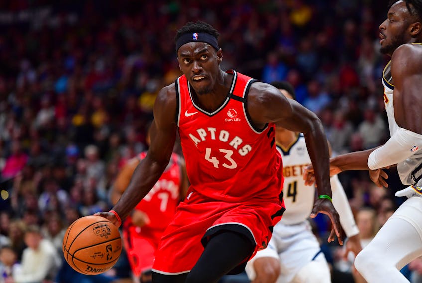 Mar 1, 2020; Denver, Colorado, USA; Toronto Raptors forward Pascal Siakam (43) drives to the basket as Denver Nuggets forward Jerami Grant (9) defends in the third quarter at the Pepsi Center. Mandatory Credit: Ron Chenoy-USA TODAY Sports ORG XMIT: USATSI-407615
