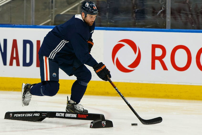Edmonton Oilers forward Zack Kassian takes part in drills during a practice at Rogers Place on March 6, 2020.
