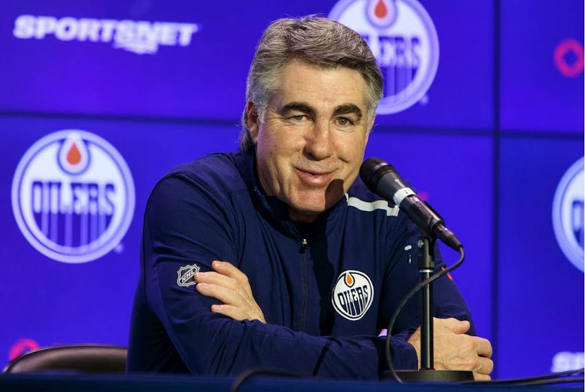 Edmonton head coach Dave Tippett is interviewed by media after an Edmonton Oilers practice at Rogers Place ahead of their March 11 game against the Winnipeg Jets in Edmonton, on Tuesday, March 10, 2020. Photo by Ian Kucerak/Postmedia