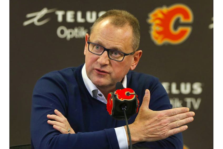 Flames General Manager, Brad Treliving speaks to media on the stoppage of the NHL and the death of Ken King at the Scotiabank Saddledome in Calgary on Thursday, March 12, 2020. Darren Makowichuk/Postmedia