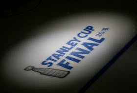 FILE PHOTO: May 29, 2019; Boston, MA, USA; A general view of the Stanley Cup logo before a game between the Boston Bruins and the St. Louis Blues in game two of the 2019 Stanley Cup Final at TD Garden. Mandatory Credit: Greg M. Cooper-USA TODAY Sports/File Photo ORG XMIT: FW1