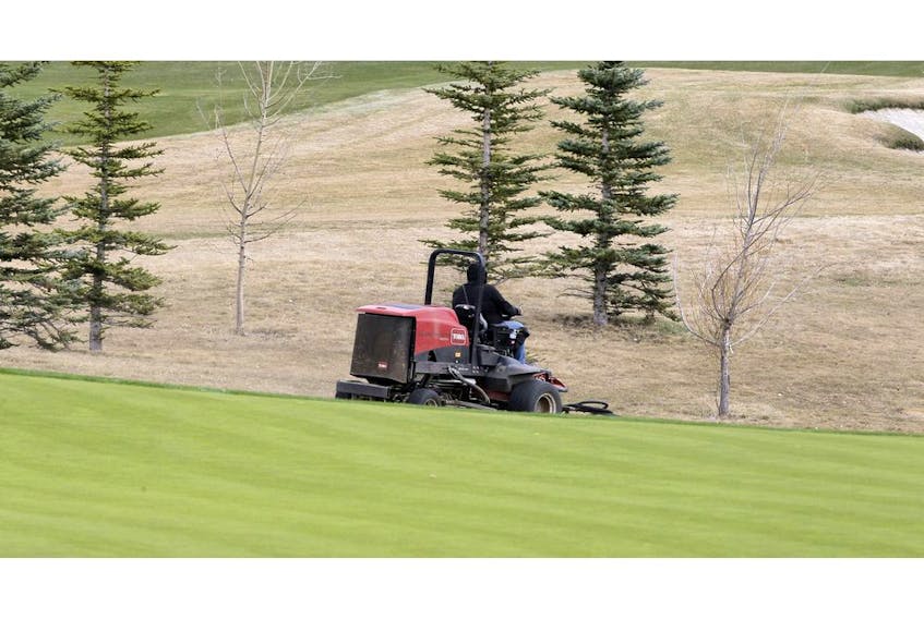 A maintenance worker is seen on Blue Devil Golf Club following Premier Jason Kenney's announcement to gradually open Alberta's economy. Golf courses in Alberta will be allowed to open this weekend, following strict physical distancing measures, during the COVID-19 pandemic. Thursday, April 30, 2020. Brendan Miller/Postmedia
