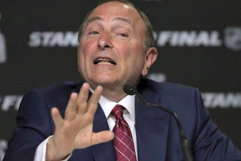 NHL Commissioner Gary Bettman speaks to the media before Game 1 of the 2019 Stanley Cup Final between the St. Louis Blues and the Boston Bruins, in Boston on May 27, 2019.