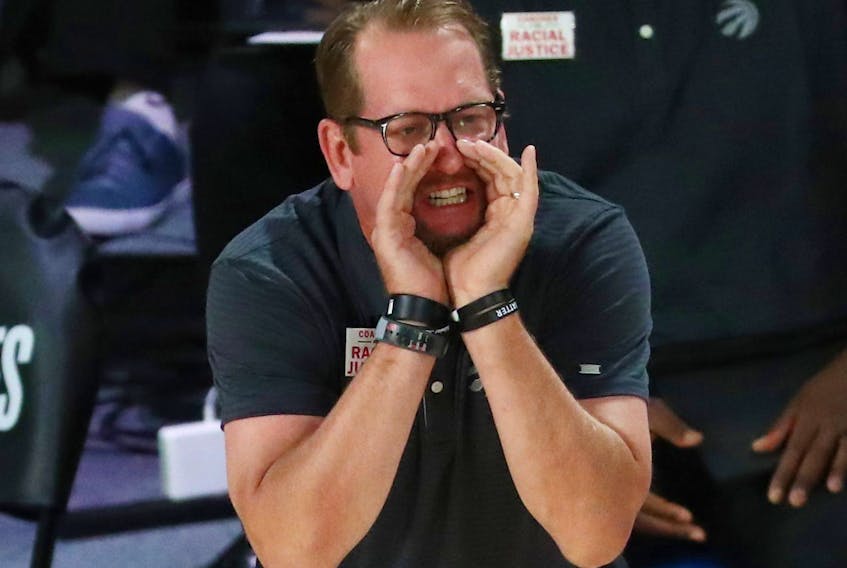 Raptors head coach Nick Nurse calls out to his team against the Boston Celtics during Game 1.