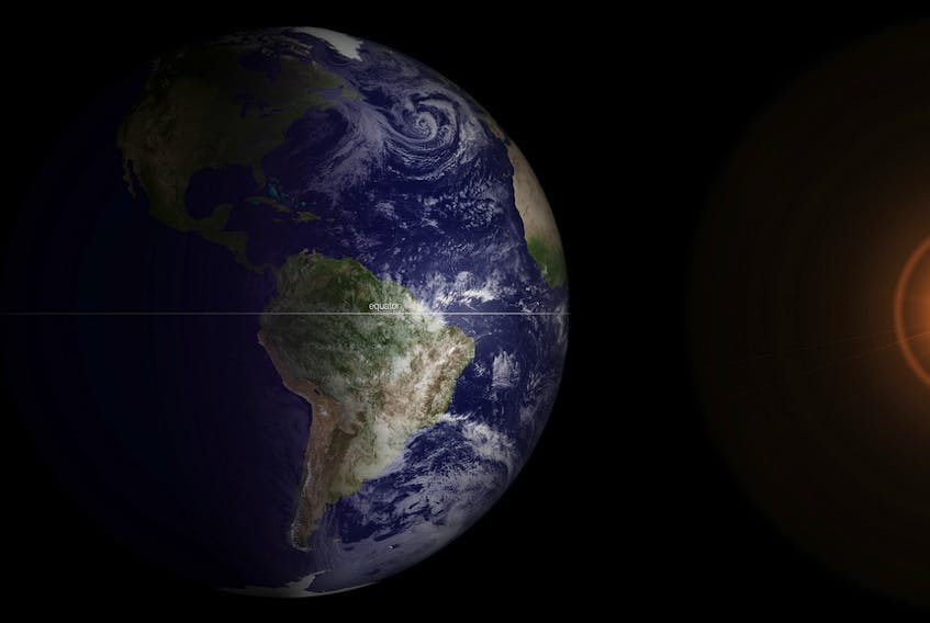 GOES satellite captures spring equinox (Note: the sun in this image is artificially created, though the GOES spacecraft does have sensors continually monitoring the sun for solar activity.)