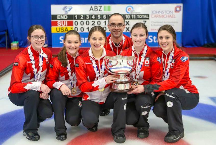 Women’s champs at the 2018 World Juniors held in Aberdeen, Scotland, were, from left, alternate Lauren Lenentine, lead Lindsey Burgess, second Karlee Burgess, third Kristin Clarke and skip Kaitlyn Jones. Also pictured is coach Andrew Atherton. - World Curling Federation/Richard Gray