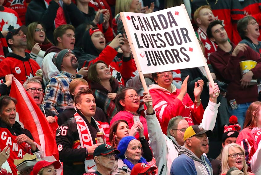 Fans cheer for Canada during the gold-medal game against Sweden during the IIHF world junior championships at KeyBank Center on Jan. 5, 2018, in Buffalo, N.Y.