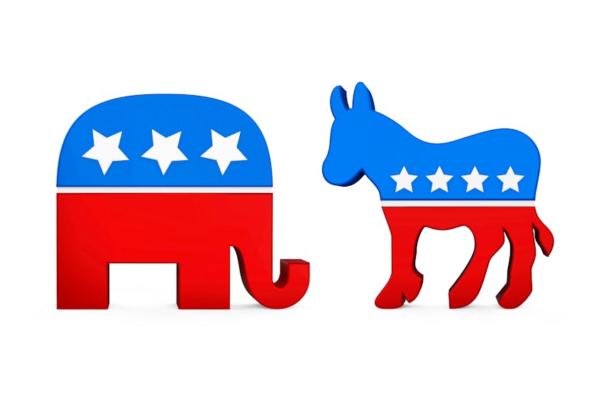 The Democrat donkey and Republican elephant represent the two political parties in the United States.