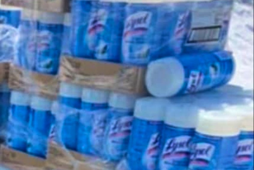 This picture is alleged to be from when the front step of the owners of Sydney Mines Foodland while they were allowing people to pick-up Lysol disinfecting wipes (in this photo) and spays, which were paid for by e-transfer ahead of time. The items were allegedly offered for sale through a Facebook posting on one of the owners personal pages. The photo and a screenshot of the post offering the items for sale was being shared on Facebook on April 10 and 11. Many people voiced their outrage at the sale of the products in this way during the COVID-19 pandemic, many calling the act "shameful." There has been a shortage of Lysol disinfecting products nationwide due to the COVID-19 outbreak. CONTRIBUTED/FACEBOOK