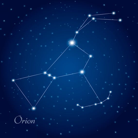 The constellation of Orion lies along the meridian, about halfway up the southern sky, around midnight at this time of the year.