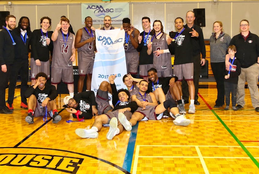 The Holland College Hurricanes won the Atlantic Collegiate Athletic Association men’s basketball championship Sunday in Bible Hill, N.S. Front row, from left, are Kyle Lefave, Marcus Dawkins, Jace Colley, Antonio Kostakos, Jalen King and Greg Munroe. Second row, assistant coaches Ryan Laughlin and Donathon Moss, Cam Paynter, Shamus MacLean, Chidi Majok, Chase Bowden, Roosevelt (Chicken) Whyley, Isaac Cheverie, Connor Therrien, Michael-Ange Kayeye, assistant coach Dale McIsaac, physiotherapist Jenny Dickson, Noah Whitty with his father and head coach Josh Whitty.