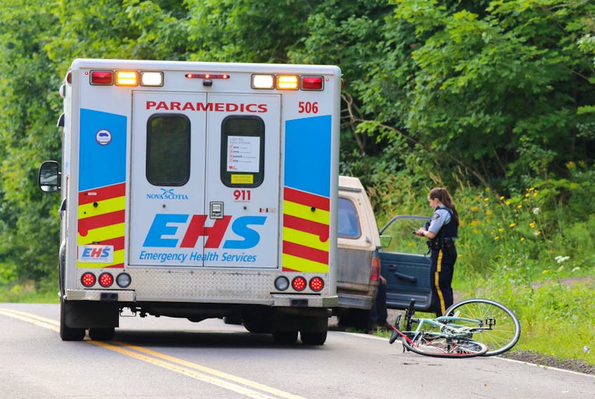 A truck and cyclist were involved in a collision near the intersection of Grand Pré Road and Highway 1 on Aug. 16. The cyclist was taken to Valley Regional Hospital with non-life-threatening injuries.  (ADRIAN JOHNSTONE)