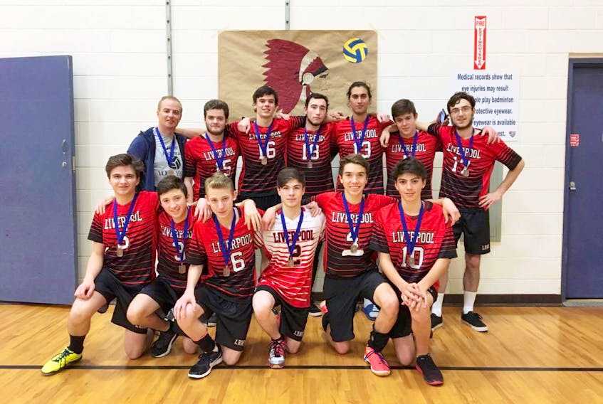 The Liverpool Regional High School boys’ volleyball team won bronze at a Division 3 championship tournament Dec. 1 and 2, capturing third in the province. From left, in front, are Wyatt Motter, Ashton Gallant, Hayden Saulnier, Nicholas Whalen, Ben Hatt and Lewis Robertson. In back are Chris Framp, coach/athletic director, Colton Wigglesworth, Kade Stewart, Cole Connors, Nathan Nasrallah, Caleb Kwan and Austin Thorburne.