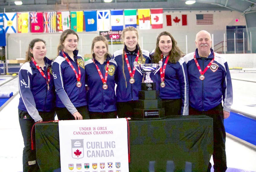 From left, Isabelle Ladouceur, skip; Emilie Proulx, third; Kate Callaghan, second; Makayla Harnish, lead; Elsa Nauss, alternate; and Brian Rafuse, coach. The Nova Scotia team got a gold medal at the U18 Championships in St. Andrews, N.B.
