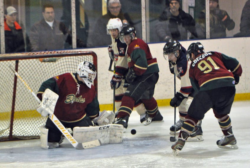 Grand Falls-Windsor Blades’ Tyler Taylor easily makes the save.
