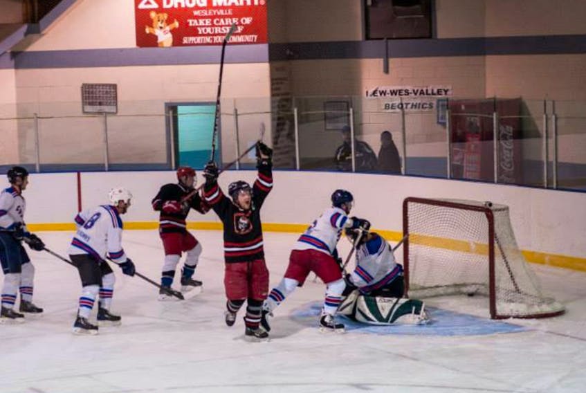 Cory Stratton celebrates after scoring a goal for the Straight Shore Beothics during a game against the rival Twillingate Combines during a CNHL game in 2014. The Beothics are hoping to reignite the rivalry with a return to the league.