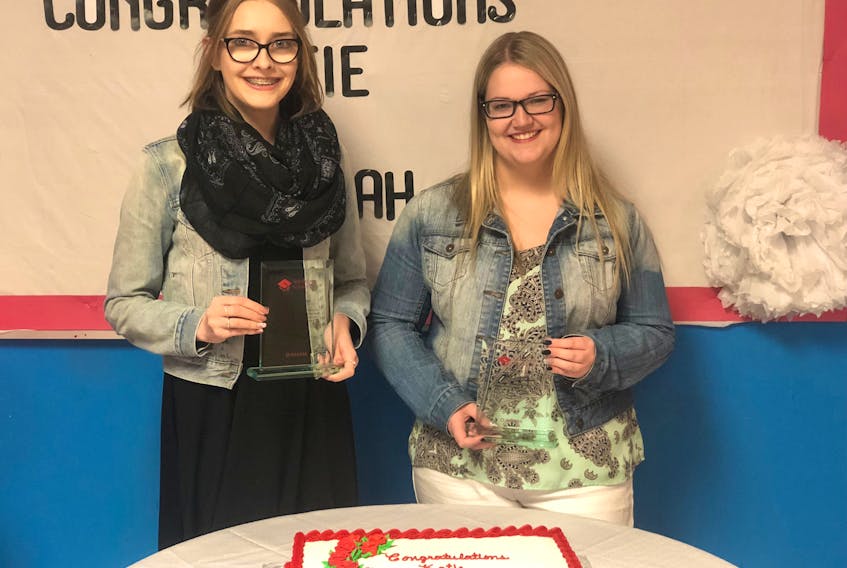 Shealah Hart (left) and Katie Roberts (right), with their Ted Rogers Scholarship commemorative plaques.