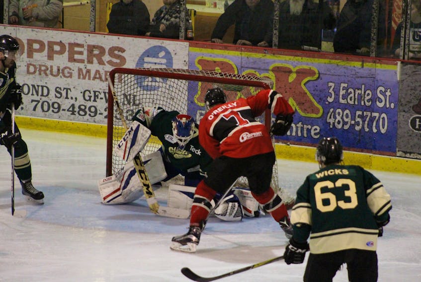Cataracts’ goalie AJ Whiffen makes a save during a game against the St. John’s Caps Jan. 14 at Joe Byrne Memorial Stadium.