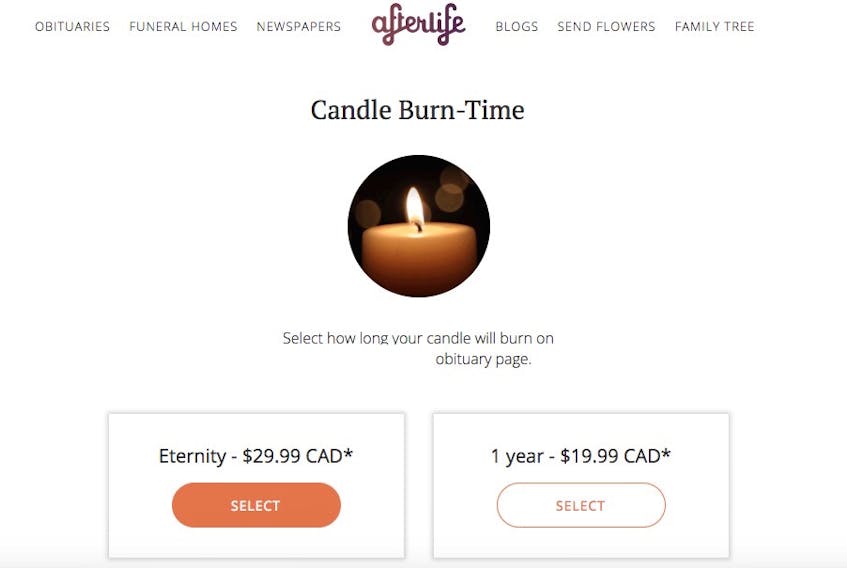 A website publishing obituaries and offering a fee for memorial services is causing heartache for families who have found their loved ones on the website – screen grab.