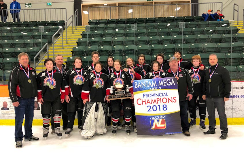 The Bishop’s Falls Express pose with their provincial championship banner in Conception Bay South after a successful tournament on April 7.