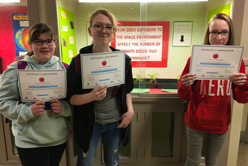 Exploits Valley Intermediate (EVI) students from Krista Simms Grade 7 science class were presented with certificates after completing the Tomatosphere program.