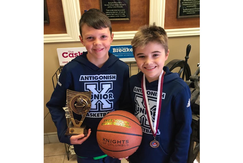 Friends Rory Walker (left) and Jacob Colton – players with the Antigonish Junior X-Men basketball program – recently participated in the annual Knights of Columbus free throw competition. Walker finished first in the boys-11 classification, while Colton placed third in the boys-12 category. Corey LeBlanc