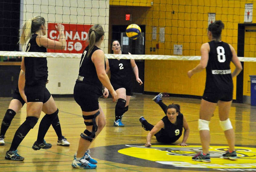 Number 9 Jennifer Hynes of Grand Falls-Windsor’s Kiss My Ace made a dive for the ball during round robin action of female C tier 1 of the Molson Senior Provincial Championships in Botwood.