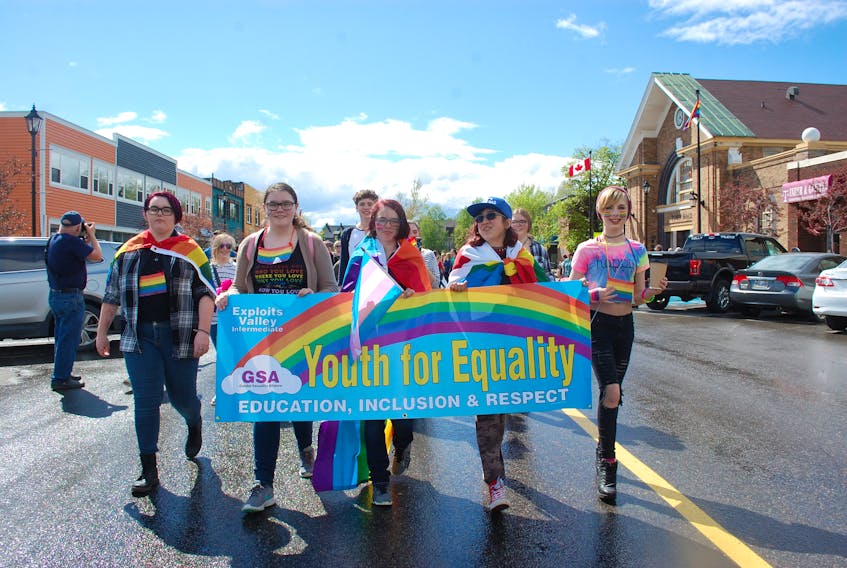 The Pride march, led by members of Exploits Valley Intermediate’s Gender and Sexuality Alliance, started in front of Grand Falls-Windsor town hall on June 22.