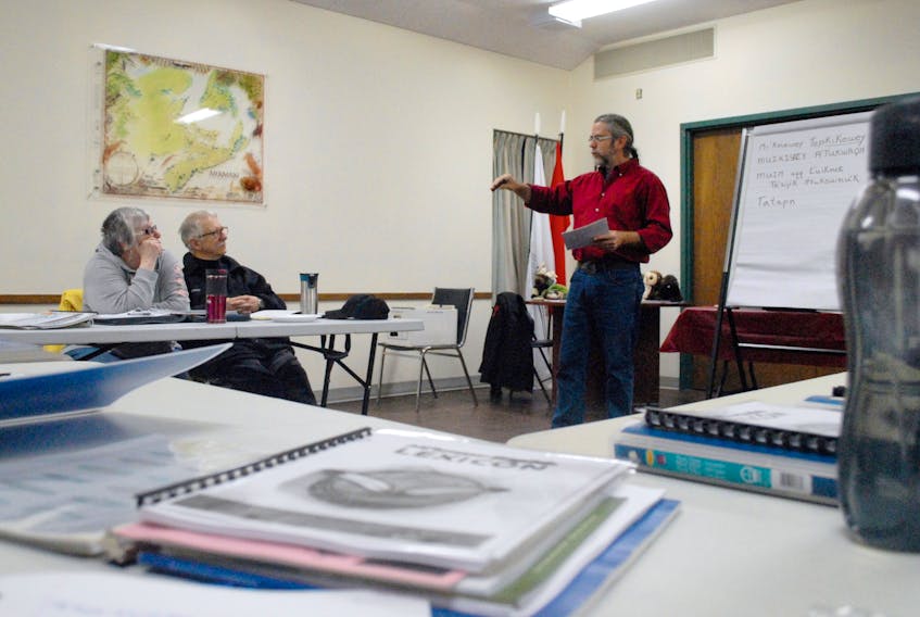 Arthur Anthony, a facilitator, teaches a Mi'kmaq language class at the Native Council of Nova Scotia in Liverpool Feb. 20. The language program, Wju'sn Aknutmuatl - Wind Talker - began two years ago. Classes run from September to March.
