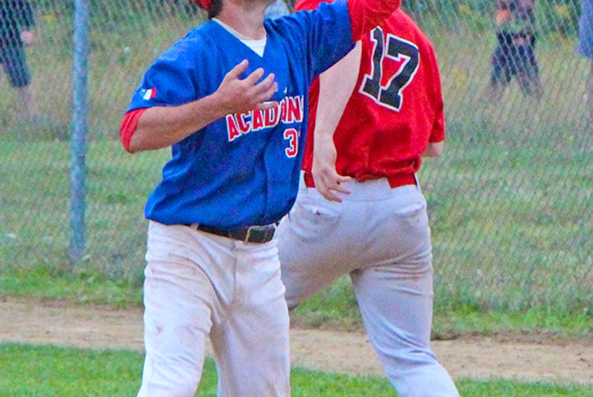 Mike Deon of the Pomquet Acadians makes a snow-cone catch during 2017 Antigonish Guysborough Rural (AGR) playoff action. The 2018 season will kick-off Wednesday, June 6. File