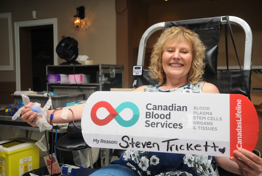 Carol Horwood donated blood at a special donor clinic in Carbonear Tuesday, July 16, in memory of Steven Trickett.