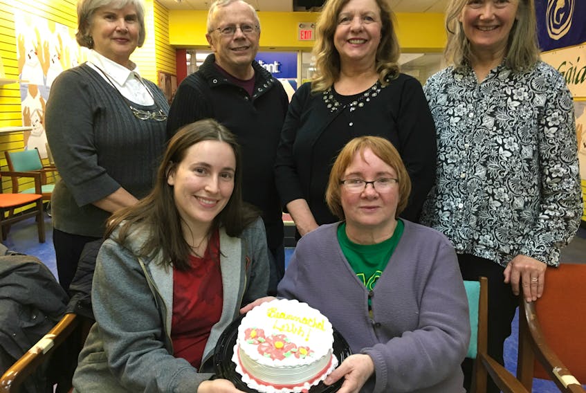 In Aite nan Gaidheal in Highland Square Mall, the language once heard across Pictou County in the 1800s, is being spoken by beginner Gaelic students who ended their eight weeks of study with a cake and a few games of Gaelic bingo. From left, front row, are Beth MacEachern and Elaine Chaisson with Anna MacKenzie, Doug Laidlaw, Wendy McInnis and Linda Turner.