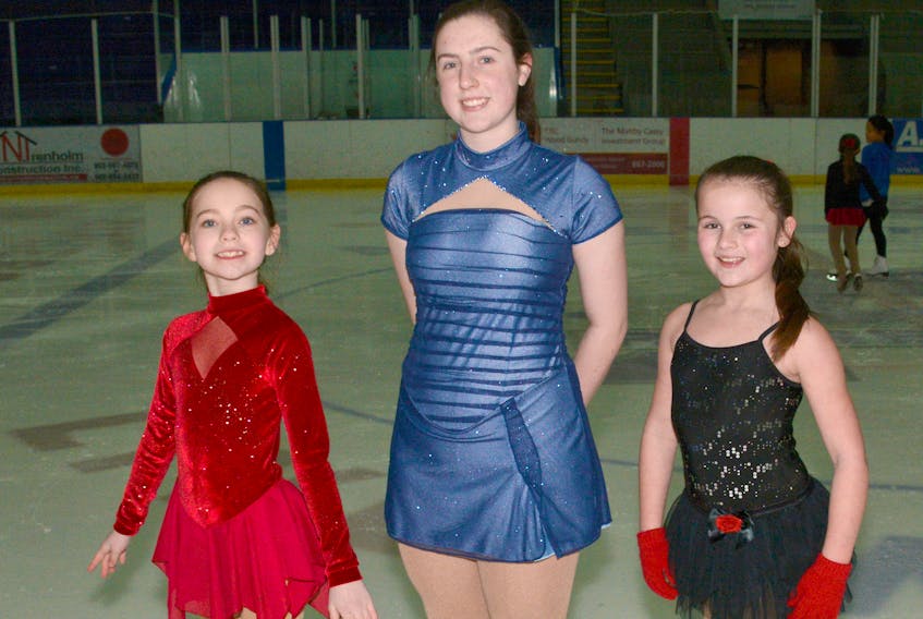Amherst Skating Club skaters who will compete at the Atlantic Canada Skating Championships in early April are: (from left) Rachel MacDiarmid, Hannah Doucette, and Savanah Cobbett.