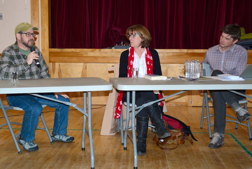 A public meeting to discuss forestry and mining practices in the Wentworth area, which was held on Feb. 10, included: (from left) Raymond Plourde, Wilderness Coordinator at the Ecology Action Centre, Joan Baxter, author of 'The Mill: Fifty Years of Pulp and Protest,' and Yuill Hebert of Sustainable Northern Nova Scotia. Baxter and Plourde discussed current forestry practices and how forestry can be better managed, and Hebert discussed concerns about mining.