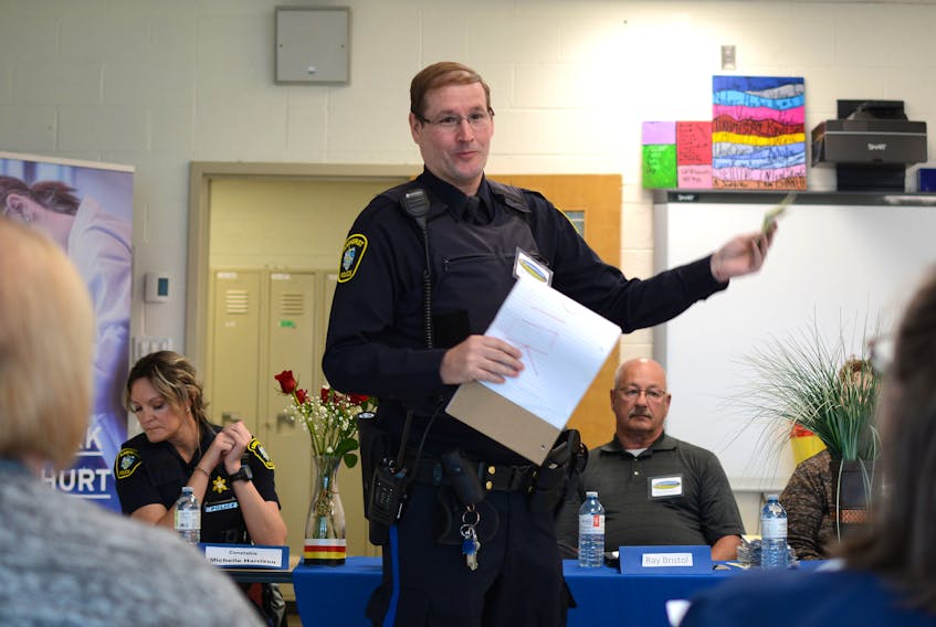 Const. Tom Wood of the Amherst Police Department talked about fraud risks for seniors at the Mental Health in our Communities Forum recently held at NSCC in Springhill.