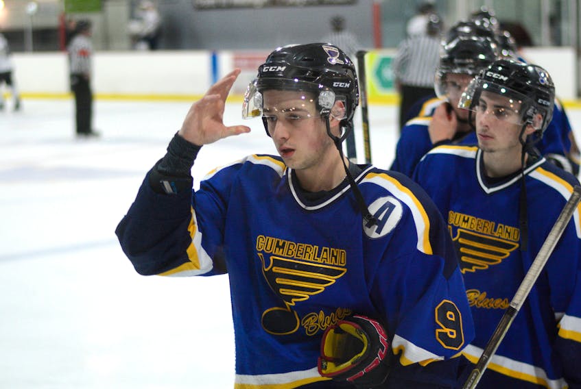 Reuben MacKenzie, 9, scored two goals for the Blues Friday night in Springhill.