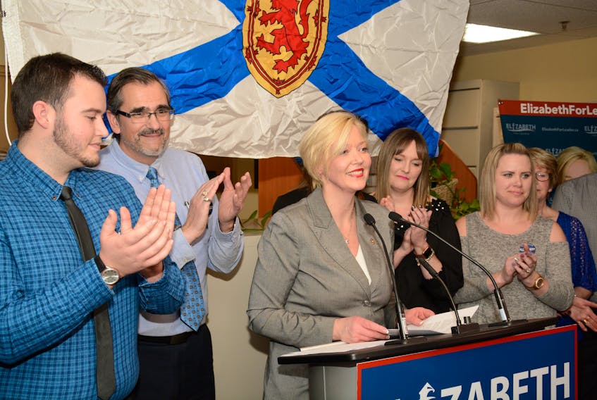 Cumberland North MLA Elizabeth Smith-McCrossin is surrounded by family as she announces her bid for the leadership of the Nova Scotia Progressive Conservative Party on Tuesday.