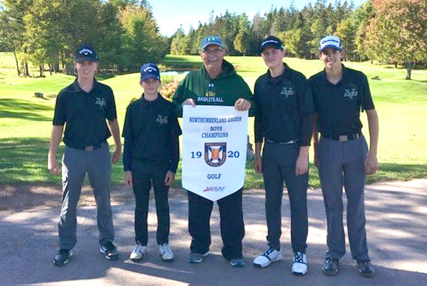 The ARHS 2019 Northumberland Region boys golf champions are: (from left) Madden Miller, Nate Arsenault, coach Charlie Chambers, Nate Campbell and Ty Beed.