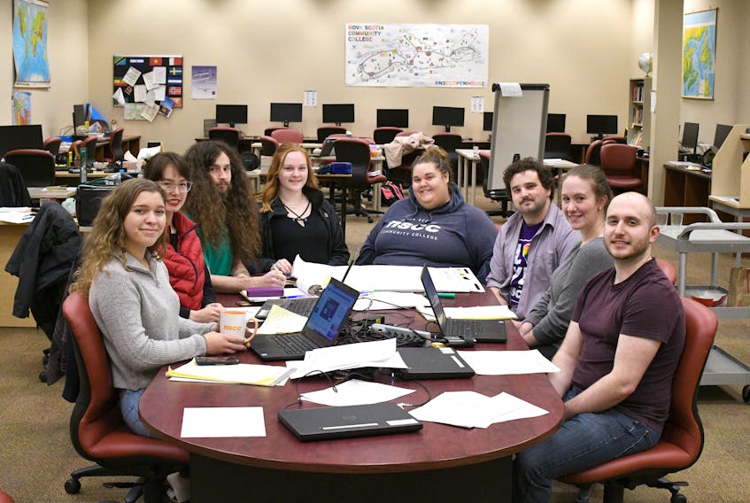 NSCC students and staff who worked 12 hours straight on the NSCC innovation challenge at the Amherst Learning Centre are: (from left) students Klancy Beal, Lillian Sanderson, Ben Kendrick, Dana Harrison, Ariane Caissie, learning strategist Quinn Burt, student Breanna MacKinnon, and learning commons assistant Corey Moore. The two teams worked on the challenge Nov. 22 from 10 a.m. to 10 p.m.