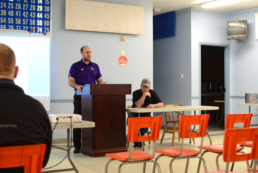 Ramblers assistant coach Pat Leger gave the Ramblers year-end report at the Ramblers AGM Thursday night at the Knights of Columbus hall in Amherst. Unlike previous years, attendance was very low with most of the seats remaining empty. DAVE MATHIESON – AMHERST NEWS
