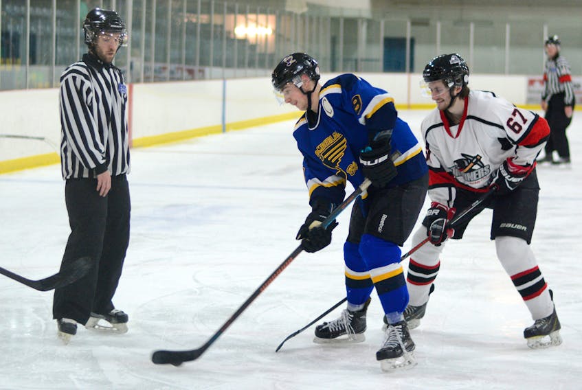 Blues captain Reuben MacKenzie (above against the Miners) finished the season with the most points for the Blues; 27 points, 13 goals and 14 assists, in 34 games. MacKenzie had one goal and three assists against the Elks on Thursday night in Brookfield, and he had two assists against the Pirates Friday night in Springhill.