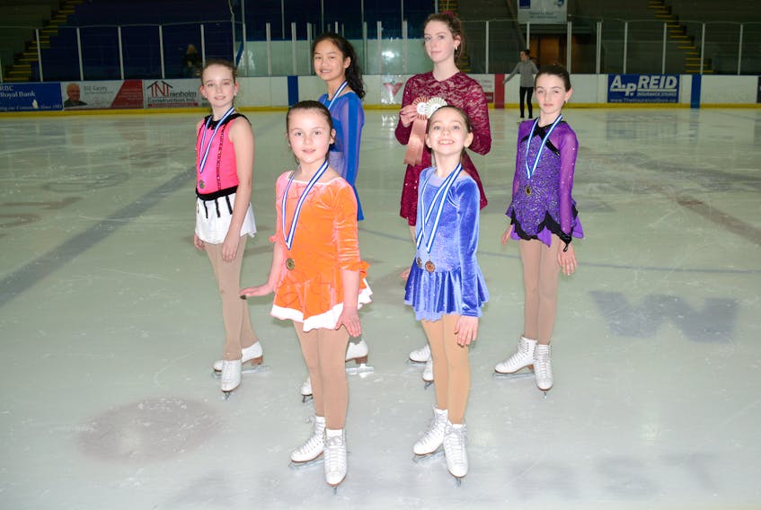 Amherst Skating Club members who earned medals and ribbons at the provincial championships are: (front, from left) Savanah Cobbett and Rachel MacDiarmid, (back, from left) Isabel Brownell, Olivia Pulsifer, Olivia Doucet and Eve Scott.