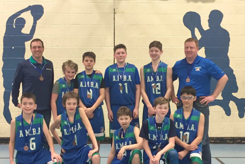 The Amherst A’s finished with a bronze medal at the Under-14 boys, Division 6 provincial championships last weekend in Halifax. The bronze-medal winning team is: (front, from left) Luke Allen, Jasper Bushen, Nathan Moore, Jason Amos, Anickin Bouwens, (back, from left) assistant coach John Bushen, Bo Vandewiel, Evan Legere, Nate Campbell, Tyler Milner, and coach Cayne Amos.