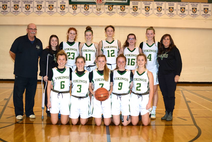 The 2019 ARHS Vikings gathered for a team photo after their win over the École Mathieu-Martin Vedettes. The ARHS Vikings are: (front, from left) Lauren Furlong, Keira Dyck, Kennedy Hyatt, Danaka Hussey, Olivia Bacon, (back, from left) coach Charlie Chambers, Emily Bacon, Victoria Fletcher, Olivia Scott, Maddi Weir, Julia Crawford, Emma Mattinson, and coach Patti Bennett. Missing from photo: Kelsey Boudreau. DAVE MATHIESON – AMHERST NEWS