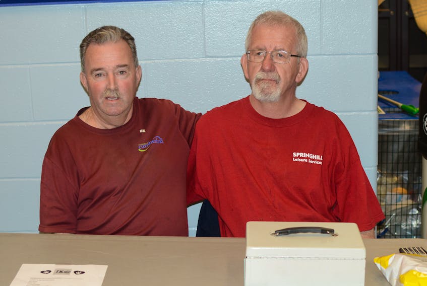Best friends, Donald Bird (left) and John Parsons, were recently recognized for their volunteer work during Volunteer Recognition Evening at the Dr. Carson & Marion Murray Community Centre in Springhill. The two spend countless hours volunteering in and around the Dr. Carson & Marion Murray Community Centre in Springhill, including recently volunteering at the admissions table at the dog show recently held at the arena.