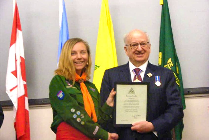 14-year-old Breanna Bradley of the 2nd Springhill Scouts was presented with the Chief Scout’s Award by the Honourable Arthur J. LeBlanc, the Lieutenant Governor of Nova Scotia, on May 18 at Dalhousie University.