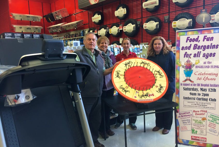 The first fundraising event leading up to the 36th Highland Fling is Saturday at Canadian Tire from 10 a.m. to 4 p.m. There’ll be a hot dog sale and spin-to-win in which people can spin the wheel for a chance to win a Nordic Track treadmill valued at approximately $1,500. Among those getting ready for the Cumberland Health Care Auxiliary fundraiser are: (from left) Bob Janes, Vicki Daley, Canadian Tire representative Laura Kaiser and Fling convenor April Munro-Wood.